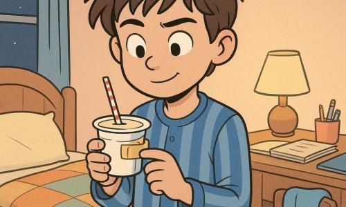Un niño de 12 años, con el cabello castaño despeinado y vistiendo un pijama de rayas azules, está de pie en su habitación, con una expresión concentrada y ligeramente divertida. Sostiene una pequeña caja de yogur con una pajilla, rodeada de trozos de cinta adhesiva. La habitación es un espacio acogedor con paredes en tonos pastel, una cama con una colcha colorida y un escritorio desordenado con cuadernos y lápices. Una toalla azul está extendida sobre una silla al lado del escritorio. La escena ocurre de noche, con una luz suave que proviene de una lámpara de noche. El niño está resolviendo un problema, mirando la caja de yogur con una expresión traviesa, como si acabara de encontrar una solución ingeniosa.