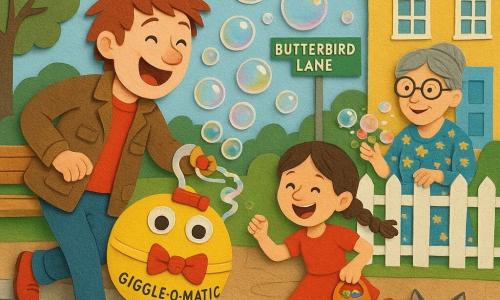 The main character is Marvin, a joyful, exuberant man with tousled reddish-brown hair, wearing a pocketed jacket and red shoes, leaning forward as he runs while pushing the round GIGGLE-O-MATIC — a yellow bucket on a spring with googly eyes, dangling slippers, a big red bow and a bubble-clip that spits sparkling bubbles. A smiling, energetic girl named Lilah with braids runs beside him holding a bag of candy. Their neighbor Mrs. Humblebee, an elderly woman in a floral dress and round glasses, stands behind a wooden fence wiping roses covered in bubbles, while Captain Pickles, a gray tabby cat, lounges on the sidewalk watching. The scene is a colorful residential street (Butterbird Lane) with painted houses, white picket fences, daisy beds, a park bench and a slide in the background as the machine vibrates and stumbles, spraying rainbow bubbles while neighbors and children laugh, dance and try to catch them.
