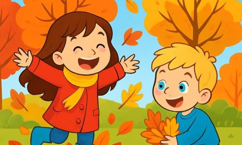 A 6-year-old girl named Mia, with long brown hair and sparkling eyes, wears a bright red coat, a yellow scarf, and blue boots. She is jumping into a pile of autumn leaves, arms spread wide, with a big smile on her face. Next to her, her friend Sam, a 6-year-old boy with blond hair and light eyes, enthusiastically collects colorful leaves, looking amazed. In the background, the park is filled with trees displaying vibrant red, orange, and yellow leaves, while the sky is a bright blue. The scene radiates a joyful and dynamic atmosphere, with leaves gently falling around them, creating a magical autumn ambiance.