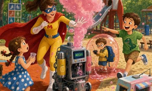 Mira, o supereroină entuziastă și ușor jenată, zâmbitoare, poartă o pelerină roșie lungă, masca albastră, combinezon galben, mănuși albe pătatate cu limonadă, părul castaniu în coadă și întinde o mână luminoasă spre un dozator robotic care fuge; un băiat de ~10 ani cu tricou verde cu dinozaur râde și aleargă la dreapta ei arătând spre dozator, o fetiță de ~8 ani cu două codițe și rochiță cu buline ține un pahar gol și privește norul roz fosforescent care iese din dozator, iar un băiețel de ~6 ani cu rucsac mare și față timidă ține o telecomandă și privește un camion de înghețată teleghidat, pastelat, prins într-o bulă transparentă lângă o jetoasă lipicioasă de limonadă; dozatorul e un mic cărucior metalic cu roți, două termosuri laterale, ecran cu textul ACCES și o ceață subțire roz deasupra; decor: parc "Planetarium" cu sol din cauciuc portocaliu și nisip, tobogan în formă de rachetă roșie și argintie, bănci din lemn, panouri cu pictograme, copaci cu frunziș și raze de soare blânde; scenă dinamică, urmărire comică între copii, stropi de limonadă, expresii exagerate, pelerină în mișcare, urme în nisip, paletă vie gouache (roșu, albastru, galben, roz, verde), texturi de pensulă, contururi moi și umbre ușoare pentru o atmosferă caldă și amuzantă.