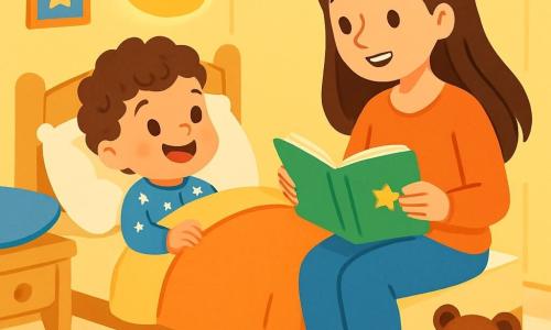 Um garotinho de 2 anos, com cabelos cacheados e olhos brilhantes, está deitado em sua cama aconchegante, com um grande sorriso no rosto, cheio de serenidade. Ele veste um pijama azul com estrelas brancas. Ao seu lado, sua mãe, uma mulher doce de cerca de 30 anos, com cabelos longos e castanhos, está sentada na beira da cama, lendo uma história para ele com uma expressão amorosa e tranquilizadora. O quarto é acolhedor, com paredes pintadas de amarelo pastel, almofadas macias e uma luz noturna em forma de lua que ilumina suavemente o ambiente. Um tapete macio está espalhado no chão, e brinquedos coloridos estão espalhados ao redor. Nessa cena, o garotinho escuta atentamente sua mãe, seus olhos brilhando de excitação enquanto se imagina em um mundo mágico. O momento principal mostra essa situação pacífica onde a criança se prepara para mergulhar em um sono doce e sonhador, cercada de calor e amor.