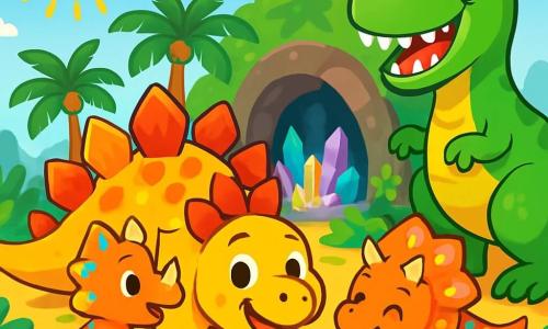 A stegosaurus named Spike, with shiny plates in red, orange, and yellow, joyfully stands in the middle of a sunny island, his round smiling face expressing excitement. Next to him, a small triceratops named Trixie, with three pointed horns and a colorful frill, dances around him, her eyes sparkling with joy. A large tyrannosaurus rex, Rex, with a big mouth and sharp teeth, stands a bit back, a friendly smile on his face, showing he feels accepted and happy. The island is filled with green palm trees, brightly colored flowers, and vibrant ferns shimmering in the sun. In the background, a mysterious cave with sparkling walls and colorful crystals softly shines. Spike, Trixie, and Rex are having fun together, exploring the magical island and discovering the beauty of their new environment.