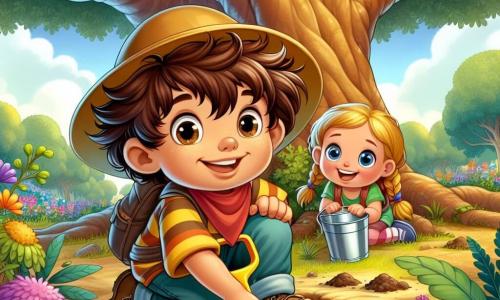 Um menino de 4 anos, chamado Tico, com cabelos castanhos bagunçados e olhos brilhantes de curiosidade, está agachado sob um grande carvalho. Ele usa um chapéu de explorador amarelo e uma camisa listrada colorida. Seu rosto expressa grande empolgação enquanto cava o chão com uma pequena pá de plástico, cercado de terra e folhas. Ao seu lado, sua melhor amiga Lila, uma menina de 4 anos com cabelos loiros trançados e olhos azuis, sorri alegremente. Ela segura um balde de plástico e olha para Tico com entusiasmo, pronta para ajudá-lo em sua busca. O cenário é um jardim verdejante, repleto de flores coloridas e árvores majestosas, com o sol brilhando em um céu azul claro. Na cena, Tico e Lila estão em uma aventura, procurando um tesouro escondido sob o carvalho, cercados de risadas e a promessa de uma descoberta mágica.