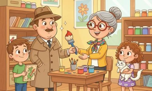 A forty-year-old detective with a round face, thin mustache, light brown trench coat and felt hat, smiling kindly with sparkling eyes, hands a large blue-handled paintbrush to a relieved female teacher with grey hair in a bun, bright red round glasses and a colorful scarf; nearby a shy-proud boy (Benji, ~9) in a green T-shirt and jeans holds a small dragon painting, and a happy, slightly embarrassed girl (Lily, ~8) in a cat-patterned dress holds a white cat named Marshmallow; the scene is a bright school art room with yellow walls, flower posters, wooden shelves of paint pots, green paint splatters on the floor and an open cupboard with scattered paper and brushes—warm, clear light, vivid colors, friendly expressions, and an atmosphere of success and cooperation.