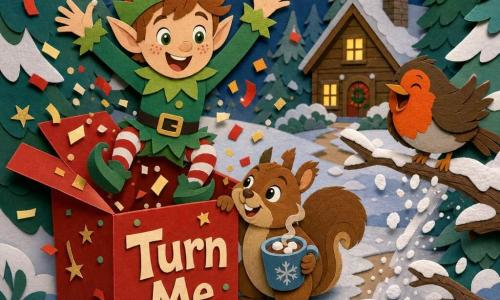 A mischievous, joyful little Christmas elf with a playful collar and red pointed hat pops out of a shiny red box labeled "Turn Me," confetti and glitter flying, while Nutmeg, a fluffy brown squirrel with a bushy tail, stands with a paw on the box holding a steaming cup of hot chocolate and Robin, a round orange-bellied robin, perches on a low branch shaking snow into a small rolling snowball; the scene is a snowy forest path with snow-covered pines, yellow string lights, a small wooden chalet with a lit window, and layered paper-cut textures with soft shadows, capturing the collective joyful surprise.