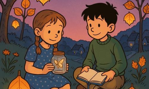 Two children, about nine: Lila, light brown braided hair, simple blue-dotted dress, sitting left on a grassy hill holding a small glass jar with a glowing moth, slightly open to let out sparks; Sam, tousled black hair, canvas trousers and green sweater, sitting right, smiling at Lila with a ribbon-bound notebook labeled 