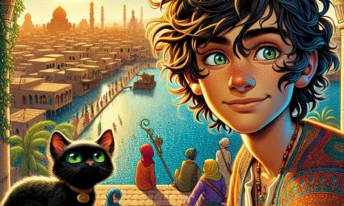 Tarek, a young man with curly, messy hair, wears a colorful tunic that shines in the sun. His face is lit up by a mischievous smile as he stands on a rooftop, holding a scroll, ready to make a wish. Beside him, a small black cat with emerald eyes, named Jinx, watches curiously, its ears perked up and its tail curled around its paws. The scene takes place on the roof of a terracotta house overlooking the bustling city of Karnak, where markets are filled with vibrant colors and joyful people. In the background, the Nile sparkles under the golden light of the setting sun, while palm trees sway gently in the breeze. Tarek, with a glimmer of excitement in his eyes, is about to make his wish, surrounded by a magical atmosphere full of promises.