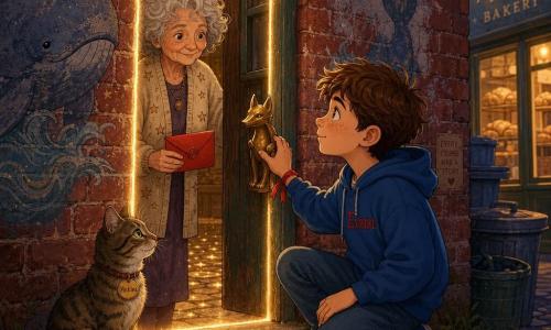 A 12-year-old boy with a round, freckled face looking brave and wonderstruck kneels before a worn red-brick wall where a luminous door outlines a rectangle of light; he wears a blue hoodie with his name embroidered in red and lightly taps a brass fox-shaped handle. An elderly woman of about 70 with curly gray hair and a beige cardigan embroidered with small stars smiles as she opens the door from the inside, holding a small wax-sealed envelope in her palm. A tabby cat named Pickles sits on the threshold to the boy’s left, tail curled and calm. A faded whale-with-a-crown mural, bins and a blurred bakery window appear to the right; inside the doorway a golden lantern glows and the cobbles sparkle like sugar. The main moment is a quiet, magical revelation: the boy hands the sealed card to the woman, the handle glows, a small circle-star chalk symbol near his shoe sparkles, and a ribbon tied to his wrist evokes his promise to return lost things.