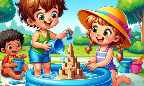 Un niño de 2 años, con cabello castaño desordenado y ojos brillantes de alegría, salpica agua con sus pequeñas manos en una piscina inflable. Lleva un bañador azul brillante y un sombrero amarillo. A su lado, una niña de 3 años, con cabello rubio trenzado y una sonrisa radiante, construye un castillo de arena, concentrada en su tarea. Un niño de 4 años, con cabello negro y una gorra roja, la ayuda añadiendo cubos de arena para hacer una gran torre. El parque está lleno de verdor, con árboles de hojas verdes brillantes y flores coloridas que rodean la piscina. El cielo es azul claro, salpicado de algunas nubes blancas y esponjosas. La escena muestra a los niños jugando juntos, riendo y divirtiéndose bajo el sol de verano, creando recuerdos inolvidables.