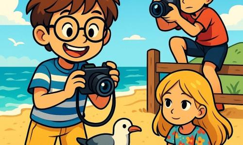 Un ragazzino di nome Pic, con capelli castani disordinati e occhiali rotondi, sorride maliziosamente mentre tiene una macchina fotografica. Indossa una maglietta a righe blu e un pantaloncino giallo, e il suo sguardo scintillante mostra la sua eccitazione. Accanto a lui, sua sorella Lente, una ragazza dai lunghi capelli biondi, indossa un vestito a fiori colorati e ha un'aria sognante, osservando una conchiglia lucente sulla sabbia. Un po' più in là, Occhio, il fratello maggiore, con capelli neri e uno sguardo determinato, sta scalando un muretto di legno per catturare una foto di un castello di sabbia. Lo sfondo è una spiaggia soleggiata, con dune di sabbia dorata, onde turchesi che si infrangono dolcemente sulla riva e gabbiani che volano in un cielo azzurro chiaro punteggiato di nuvole bianche. Al centro della scena, Pic ha appena scattato una foto di un gabbiano posato su una tartaruga, creando una situazione divertente e inaspettata che fa ridere i suoi fratelli e sorelle.