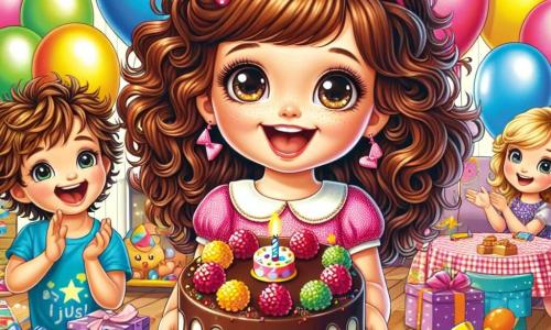 Uma menina de 4 anos, Lia, com grandes olhos brilhantes e cabelos cacheados castanhos, sorri entusiasticamente segurando um grande pedaço de bolo de chocolate nas mãos. Ela veste um bonito vestido rosa com bolinhas e um pequeno chapéu de festa colorido, cercada por balões multicoloridos que flutuam ao seu redor. Ao lado dela está Lucas, um menino de 5 anos, com cabelos loiros bagunçados e uma camiseta azul. Ele aplaude alegremente, com os olhos brilhando de excitação, enquanto segura um presente embrulhado em papel brilhante. Mais adiante, a mãe de Lia, uma mulher sorridente com cabelos longos e castanhos, observa a cena com orgulho, segurando uma bandeja de bolos. A festa acontece em uma sala acolhedora e colorida, decorada com guirlandas de papel e balões pendurados no teto. Uma grande mesa está cheia de doces, e jogos estão espalhados pelo chão. O momento principal mostra Lia, cercada por seus amigos, soprando as velas do seu bolo de aniversário, enquanto todos cantam alegremente "Parabéns".