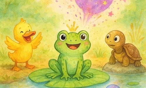 Uma rã verde chamada Lila, sorridente mas um pouco surpresa, está no centro sobre um grande nenúfar com as pernas dobradas como para saltar; sua pele é manchada de verde claro e escuro, olhos grandes e brilhantes e uma pequena coroa de água na cabeça; à esquerda, um pato amarelo chamado Pingo bate as asas e aplaude em pé na margem lamacenta, bico aberto em riso; à direita, uma tartaruga marrom, Teca, de olhos arregalados, está sobre uma pedra com a carapaça enrugada coberta de gotículas; um minúsculo caracol chamado Chiquinho, com uma cornetinha púrpura brilhante, está na borda do nenúfar perto de Lila; um peixe azul, Tilim, salta meio para fora da água perto do nenúfar olhando para uma bolha gigantesca; o lago está calmo como espelho, com nenúfares verdes, juncos dourados e uma margem herbosa salpicada de pequenas flores brancas; acima de Lila uma enorme bolha roxa explode em brilhos e pequenas estrelas cor-de-rosa que caem em chuva leve; estilo aquarela suave, cores pastel vivas, bordas levemente desfocadas e respingos controlados para um efeito mágico, expressão alegre e cena cheia de movimento.