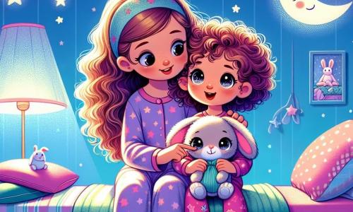 Una bambina di 7 anni, di nome Sofia, con i capelli ricci e castani e gli occhi scintillanti, è seduta sul suo letto, con un sorriso radioso sul volto. Tiene tra le braccia un peluche a forma di coniglio, chiamato Bianchino, con grandi orecchie e un dolce sorriso. Sofia indossa un pigiama rosa a stelle, e la sua espressione mostra curiosità e meraviglia. Accanto a lei, la mamma, una donna di circa trent'anni con capelli lunghi e castani, è seduta sul bordo del letto. Sorride dolcemente a Sofia, tenendo una piccola lampada a forma di luna che illumina delicatamente la stanza. La presenza rassicurante della mamma aggiunge calore all'atmosfera. La scena si svolge nella camera di Sofia, decorata con colori vivaci, con muri dipinti di azzurro chiaro e stelle fluorescenti attaccate al soffitto. Una dolce luce emana dalla lampada a forma di luna, proiettando ombre danzanti sui muri e creando un'atmosfera magica e confortante. Sofia e la sua mamma raccontano storie sotto la luce della lampada, trasformando la paura del buio in un'avventura piena di magia e immaginazione. La stanza è piena di giocattoli colorati, e una finestra aperta lascia intravedere un cielo stellato, aggiungendo un tocco di mistero alla scena.