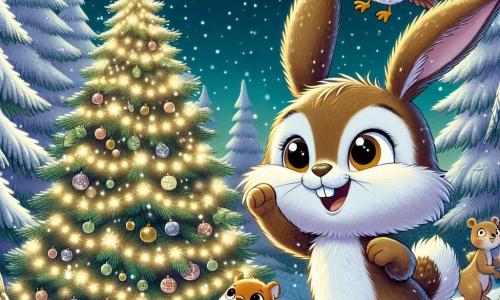 In the center of the image, Benny, a small rabbit with big ears and soft brown fur, stands on his hind legs, his eyes shining with excitement and a big smile on his face. He holds a sparkling star in his little paws, ready to place it on top of a majestic Christmas tree. Next to him, Carla, a mischievous squirrel with a bushy tail and sparkling eyes, jumps for joy, her little paws raised in the air, while Oliver, a wise owl with round glasses, observes the scene attentively, his white and brown feathers contrasting with the snowy background. The setting is an enchanted forest covered in a thick layer of shimmering snow, with trees adorned with twinkling lights and snowflakes gently falling from the starry sky. The main scene shows Benny and his friends decorating the large Christmas tree, their faces lit up by the magic of the moment, as the star on top begins to shine brightly, illuminating the entire forest with its golden light.