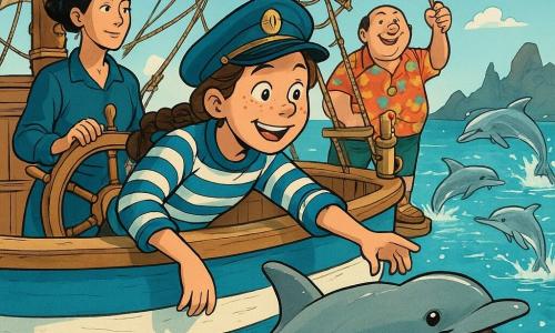 The scene shows Captain Mira, a confident 12-year-old girl with freckles and tangled brown braids, leaning over the rail with her hand out to a silver dolphin; to her right Pip, a lively 9-year-old blond boy, laughs and points from a barrel, to her left Jun, a calm 35-year-old first lieutenant with tied black hair, grips the wheel, and at the stern Bongo Bill, a round cheerful middle-aged man, waves a spoon like a baton; they stand on a small blue-and-white wooden ship with light planks, beige sails and warm pirate details, surrounded by sparkling water and arcing dolphins, dark reef silhouettes receding behind, conveying a joyful, triumphant mood after passing a dangerous channel, in a clean-lined, subtly shaded Franco-Belgian comic style with saturated colors and expressive details.
