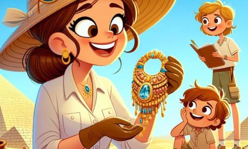 Clara, an enthusiastic archaeologist in her thirties with brown hair in a bun, wearing a large straw hat and sunglasses, smiles in wonder while holding a beautiful golden necklace adorned with gemstones that she just discovered in the sand. Beside her, a 10-year-old boy named Lucas, with blonde hair and sparkling eyes, watches in fascination, taking notes in a small notebook. Another team member, a woman in her forties named Sophie, with red hair and an archaeologist's blouse, leans down to examine a clay pot next to them. The scene takes place at an archaeological site in Egypt, with the majestic Great Pyramid of Giza in the background, surrounded by golden sand dunes under a bright blue sky. Archaeological tools are scattered around, adding authenticity to the environment. The main situation shows Clara and her friends excitedly discovering ancient treasures as they explore the fascinating past of ancient Egypt.