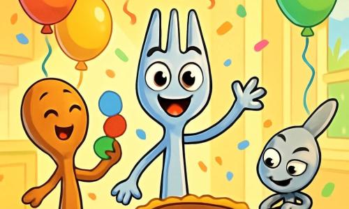 Vorkie, een kleine glanzende metalen vork met sprankelende ogen en een grote glimlach, staat in het midden van de scène, omringd door kleurrijke ballonnen en papieren slingers. Hij is vol vreugde en opwinding, klaar om zijn verjaardag te vieren. Aan zijn rechterkant danst Lepele, een blije houten lepel met roze wangen, enthousiast terwijl hij kleurrijke papieren ringen vasthoudt om de ruimte te versieren. Aan zijn linkerkant snijdt Mesje, een klein stalen mes met een ondeugende glimlach, een heerlijke chocoladetaart, met een geconcentreerde en tevreden blik. De locatie is een heldere en gastvrije keuken, met pastelgele muren, een houten tafel versierd met confetti en lekkernijen, en zonnestralen die door een raam vallen. De hoofdscène toont Vorkie, Lepele en Mesje die vrolijk Vorkie's verjaardag vieren, omringd door lachen en kleuren, met een grote taart in het midden van de tafel en ballonnen die om hen heen zweven.