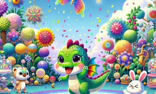 Ilustración de un pequeño dragón con escamas verdes brillantes y ojos chispeantes de alegría. Tiene grandes alas coloridas y una pequeña cola que se agita de emoción. El dragón baila alegremente en una pista de baile, rodeado de confeti colorido. Junto a él, una mariposa de alas multicolores revolotea con una sonrisa radiante, añadiendo un toque de magia a la escena. Un pequeño conejo de grandes orejas y pelaje blanco salta con entusiasmo, mostrando una expresión de felicidad. Una tortuga con un caparazón decorado con patrones coloridos aplaude suavemente al ritmo, mostrando satisfacción. El lugar principal es un jardín encantado, lleno de flores brillantes, grandes árboles con hojas brillantes y un cielo azul con nubes blancas esponjosas. En el centro, una gran pista de baile está rodeada de guirnaldas luminosas y globos flotantes. La situación principal muestra al dragón y sus amigos bailando juntos, celebrando el carnaval con risas y movimientos alegres. El confeti cae a su alrededor, creando una atmósfera festiva y mágica. Otros elementos gráficos incluyen instrumentos musicales coloridos, puestos de dulces al fondo y niños divirtiéndose, añadiendo a la atmósfera alegre y animada de la fiesta.