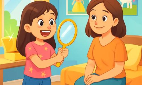 Una niña de 8 años, con largos cabellos castaños y ojos llenos de curiosidad, está de pie en su habitación, sonriendo. Lleva una camiseta rosa con estrellas y un short de mezclilla, sosteniendo un espejo brillante en sus manos, con expresión de sorpresa y alegría. A su lado, su madre, una mujer de unos 35 años, con cabello castaño y ojos dulces, está sentada en la cama, luciendo orgullosa y alentadora, sonriendo a su hija. La habitación es luminosa y acogedora, con paredes pintadas de azul pastel, carteles de cuentos de hadas y juguetes de colores en el suelo. Una ventana deja entrar la luz del sol, iluminando una caja amarilla brillante en el escritorio. La escena principal muestra a la niña descubriendo su propia imagen en el espejo, rodeada del amor y apoyo de su madre, en un momento de descubrimiento y emoción alegre.