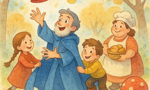 Un mago llamado Tomás, sorprendido y alegre, con capa larga azul y túnica de motivos discretos, estira la mano para alcanzar un gran sombrero puntiagudo rojo decorado con estrellas doradas que flota sobre una rama; una niña de unos 7 años con largas trenzas marrones sonriente y concentrada sostiene la capa detrás de él; un niño de unos 8 años con grandes botas marrones hace un pequeño escalón humano en primer plano para apoyar a Tomás; una panadera de unos 35 años, de aspecto redondeado y amable, sostiene una pequeña cesta de panes y vigila tres patitos de jabón junto a sus pies; un pajarito verde vivo posado en la rama bate las alas y observa la escena; el lugar es un Bosque de Setas Saltarinas con árboles de hojas redondas color galleta, grandes hongos rebotantes rojos y blancos, camino empedrado en tonos pastel y charcos brillantes; situación principal: Tomás alcanza el sombrero flotante rodeado de los niños y la panadera, burbujas amarillas con aroma a limón y tres patitos de jabón deslizándose, ambiente lúdico y mágico.