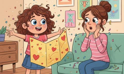 A joyful 10-year-old girl with messy curly brown hair, bright blue eyes, a round face and glitter freckles stands center with arms outstretched holding a large folded yellow card decorated with red hearts and glitter; her ~36-year-old mother, hair in a loose bun, sits on the couch to the right, surprised and tearful with hands to her face as confetti and glitter fall around her; warm colorful living room with an orange-pink striped rug, mint-green couch, handmade paper garlands, childlike posters and a coffee table strewn with glitter, scissors and ribbons; main moment: Mother's Day card revelation, festive and slightly chaotic, flying glitter, visible paper and glitter textures, clear style, bold outlines and saturated colors.