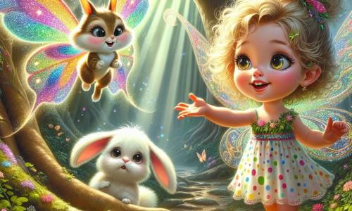 Una bambina di 2 anni, di nome Livia, si trova al centro dell'immagine, con grandi occhi brillanti e un sorriso radioso. Ha capelli ricci e dorati, indossa un vestito colorato a pois e sandali rosa. Livia guarda con meraviglia una farfalla magica che vola intorno a lei, le sue ali scintillanti nei colori dell'arcobaleno. La farfalla, con occhi luccicanti, sembra incoraggiare Livia, fluttuando appena sopra di lei. Vicino, un coniglietto dalle grandi orecchie e pelo bianco si nasconde dietro un cespuglio, osservando la scena con curiosità. Il luogo è un bosco incantato, pieno di alberi maestosi e foglie verdi lussureggianti, mentre i raggi di sole filtrano attraverso il fogliame, creando motivi luminosi sul terreno. Fiori colorati punteggiano il suolo, aggiungendo un tocco di magia all'ambiente. La scena principale mostra Livia, piena di coraggio, che tende la mano verso il coniglietto per incoraggiarlo a uscire dal suo nascondiglio, mentre la farfalla volteggia gioiosamente intorno a loro, illuminando il momento con la sua luce magica.