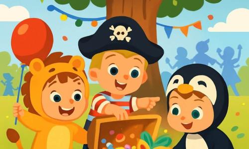Ci sono 3 personaggi: - Leo: un bambino di quasi 3 anni, con capelli castani e occhi scintillanti. Indossa un costume da leone giallo e arancione, e sorride felicemente tenendo un palloncino rosso. - Marco: un bambino di quasi 3 anni, con capelli biondi e occhi blu. È travestito da pirata con un cappello nero e una camicia a righe, e fa un gesto di scoperta indicando l'albero. - Luca: un bambino di quasi 3 anni, con capelli castani e occhi verdi. È vestito da pinguino con un costume bianco e nero, ed è seduto per terra, guardando la scatola del tesoro con meraviglia. I tre amici si trovano sotto un grande albero maestoso, decorato con ghirlande colorate e luci scintillanti. Il terreno è coperto di coriandoli multicolori e di caramelle che brillano al sole. Sullo sfondo, si vedono persone in costumi festivi che ballano e si divertono, creando un'atmosfera gioiosa. La scena principale mostra i tre amici mentre aprono una grande cassa scintillante piena di caramelle colorate e maschere di carnevale. Sono circondati da risate e gioia, con lampi di luce che illuminano la loro scoperta magica.