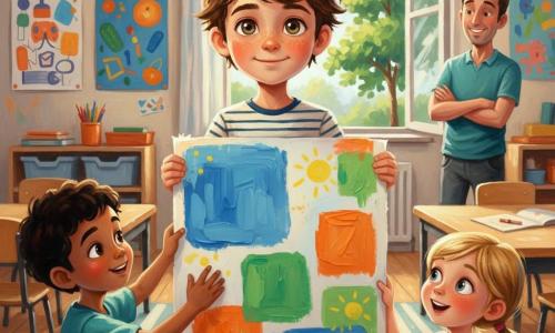 Joris (8) kijkt trots naar zijn grote, kleurrijke poster — bruin haar in de war, taches de rousseur, noisette ogen — hij houdt de poster met beide handen en sourit légèrement; rechts zit Lotte (7), blonde met couettes en robe à pois, elle pointe un mot orange en s'émerveillant; à gauche, Karim (8), peau mate et cheveux noirs courts, touche un coin de la poster, curieux; à l'arrière, le maître Pieter (≈35) souriant et bienveillant, bras croisés, observe depuis le coin de la classe; salle de classe ensoleillée avec tables en bois clair, affiches éducatives, tapis rayé et fenêtre sur un arbre; poster vive avec lettres épaisses en bleu, orange et vert, petits soleils jaunes à côté des mots difficiles, coins froissés et tâches de crayon; rendu peintures acryliques à coups de pinceau visibles, palette lumineuse et contrastes nets.