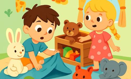 Ci sono 2 personaggi principali: Luca, un ragazzo di 5 anni con capelli castani disordinati, che indossa una maglietta blu e pantaloni corti gialli, è accovacciato vicino a un tappeto, con gli occhi spalancati, alla ricerca dell'orsacchiotto; e Martina, una bambina di 4 anni con capelli biondi intrecciati, vestita con un abito rosa a pois, che sta in piedi accanto a Luca, indicando una grande scatola di giocattoli in legno. La scena si svolge in una camera per bambini luminosa e colorata, con pareti dipinte di verde chiaro e adesivi di animali negli angoli. Un tappeto morbido è al centro, circondato da peluche di tutte le dimensioni. La luce del sole entra dalla finestra, illuminando i giocattoli sparsi sul pavimento. Luca e Martina sono in piena indagine per trovare l'orsacchiotto mancante, frugando sotto il tappeto e nella scatola dei giocattoli, con espressioni di concentrazione ed eccitazione. I peluche sono seduti in cerchio attorno a loro, come spettatori curiosi della loro avventura.
