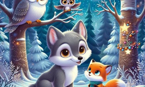 Un pequeño lobo llamado Lucas, con un suave pelaje gris y ojos brillantes de curiosidad, está en el centro de la escena, con una mirada maravillada y una radiante sonrisa. Está rodeado de copos de nieve que caen suavemente, creando una atmósfera mágica. A su derecha, un astuto zorrito llamado Rafa, con pelaje naranja brillante y una cola esponjosa, observa a Lucas con una sonrisa cómplice, sus ojos chispeantes de emoción. Sostiene una pequeña guirnalda de bayas que está a punto de colgar en un árbol. A la izquierda, la sabia lechuza Doña Clara, con plumas blancas y marrones y gafas redondas, está posada en una rama, mirando la escena con benevolencia, sus ojos brillantes de inteligencia y dulzura. Está hojeando un libro de cuentos, lista para compartir una historia mágica. El decorado es un hermoso paisaje invernal, con árboles majestuosos cubiertos de nieve brillante, un cielo estrellado y una suave luz de luna que ilumina la escena. La situación principal muestra a Lucas, Rafa y Doña Clara preparando juntos una fiesta de Navidad, rodeados de decoraciones hechas a mano, guirnaldas de bayas y risas, capturando el espíritu de compartir y alegría de la temporada.