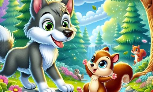 Un lobo llamado Leo, con un pelaje suave y gris, y ojos brillantes de determinación, se encuentra al borde de un arroyo centelleante, listo para ayudar a su novia. A su lado, una ardilla llamada Sofía, con un pelaje rojizo y ojos chispeantes de alegría, salta de felicidad, sosteniendo una pequeña nuez mágica entre sus patas. El escenario es un hermoso bosque encantado, con árboles majestuosos de brillantes hojas verdes, flores coloridas que bailan al viento y un cielo azul salpicado de nubes esponjosas. La situación principal muestra a Leo y Sofía celebrando su victoria tras haber encontrado la nuez mágica, rodeados de la belleza de la naturaleza, simbolizando la amistad y la aventura.