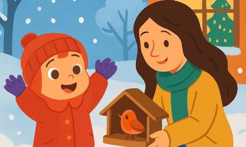 Een klein meisje van 2 jaar, Lila, met grote glanzende ogen en een stralende glimlach, draagt een mooie rode jas en een wollen muts. Ze is buiten in de sneeuw, met opgetrokken armen van verwondering, omringd door zacht vallende sneeuwvlokken. Naast haar knielt haar moeder, een vrouw van ongeveer 30 jaar met lange bruine haren en een zachte glimlach, terwijl ze een klein houten onderkomen voor een vogel bouwt. Hun gezichten worden verlicht door het warme licht van een raam van een huis op de achtergrond, waar een versierde kerstboom met glinsterende slingers te zien is. Het landschap is betoverend, met met sneeuw bedekte bomen en een heldere blauwe lucht. Lila en haar moeder delen een moment van vreugde en genegenheid terwijl ze de vogel in hun kleine onderkomen verwelkomen.