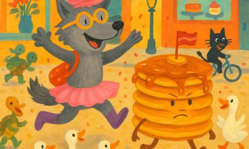 A mischievous little gray wolf wearing purple socks, a red polka-dot satchel and upside-down egg-shaped sunglasses with a pink tutu on its head, a squeaky toy on its tail and a large spoon stuck to its back, floats above cobblestones smiling as a serious-but-mischievous golden pancake stack with a maple-syrup scarf and bacon flag leads a whimsical pancake parade; laughing white geese dance in a circle while tap-dancing turtles and a bicycle-riding cat watch in a colorful town square with hat-topped lampposts, balloons, a flower shop and a pastry window, syrup splashes and confetti everywhere.