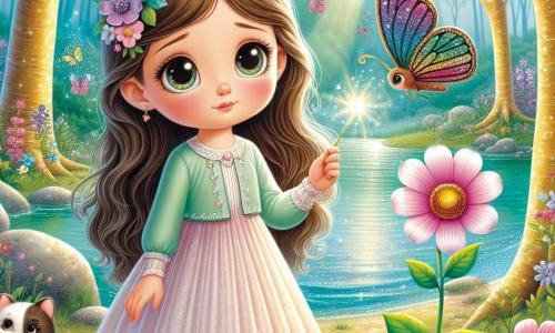 Una niña, Lucía, de unos 8 años, con largos cabellos castaños y ojos llenos de curiosidad, está al borde de un lago brillante. Lleva un vestido ligero de colores pastel y su rostro irradia alegría y emoción. Junto a ella, una pequeña flor de pétalos rosas, inclinada, parece triste y sedienta. Más lejos, una mariposa de alas multicolores, con patrones brillantes, está posada sobre una hoja, mirando a Lucía con esperanza. El entorno es un hermoso bosque encantado, lleno de árboles de troncos dorados y hojas verde esmeralda, con rayos de sol filtrándose a través de las ramas. Flores coloridas y mariposas bailan a su alrededor, creando una atmósfera mágica. La escena principal muestra a Lucía usando su varita mágica para ayudar a la flor sedienta, llevándole agua, mientras la mariposa espera ansiosamente ayuda para sus alas.