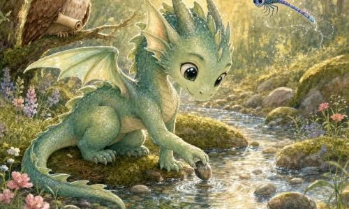 Ein blassgrüner Walddrache mit feinen Schuppen, großen glänzenden Augen und kleinen durchscheinenden Flügeln kniet am Ufer eines klaren Baches und legt lächelnd einen Kiesel ins Wasser; rechts kreist eine irisierende Libelle mit blauen und violetten Flügeln fröhlich über ihm, links sitzt eine weise braun-weiße Eule auf einem niedrigen Ast und beobachtet sanft, eine kleine, gerollte Pergamentrolle unter ihrer Kralle; der Bach schlängelt sich im Vordergrund, transparentes Wasser mit silbernen Reflexen, bunte Kiesel auf dem Grund und zartgrüne Wasserpflanzen, die Ufer mit samtiger Moosdecke, glatten Steinen, pastellenen Wildblumen und ein paar Kiefernnadeln, goldenes Abendlicht in feinen Strahlen; ruhige, verantwortungsbewusste Szene eines ökologischen Entscheidungs-moments, bei dem der Drache die meisten Kiesel zurückgibt, um die Pflanzen zu schützen, hervorgehoben durch eine zentrierte Komposition und sanfte Farben; Stil: leichte Aquarellmalerei mit sichtbarer Papierstruktur, weiße Gelstift-Highlights auf Wasserreflexen und Augen, warme, pädagogische Atmosphäre.