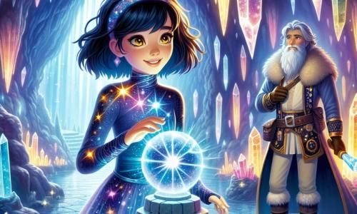 Una giovane donna di nome Lyra, di circa 18 anni, si trova al centro della scena, con capelli neri come la notte e occhi dorati brillanti di meraviglia. Indossa una tuta spaziale scintillante, decorata con motivi di galassie, e il suo volto esprime una determinazione gioiosa. Accanto a lei, un uomo di una trentina d'anni, il capo dei pirati, con un occhio di cristallo e una barba incolta, osserva Lyra con rispetto e sorpresa, tenendo un'arma magica in mano. Il decor è una caverna misteriosa, con muri di cristallo che riflettono luci colorate, creando un'atmosfera da favola. Delle stalattiti scintillanti pendono dal soffitto, e al centro della caverna si trova un piedistallo di pietra su cui riposa l'Artefatto di Aurion, un globo luminoso pulsante di energia. La scena principale mostra Lyra che si avvicina all'artefatto, circondata da una luce splendente, mentre il capo dei pirati, intrigato, rimane indietro, esitante ad avanzare.