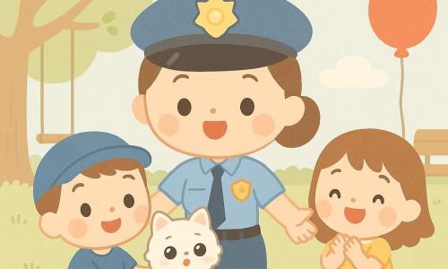 O polițistă zâmbitoare și binevoitoare cu păr brun prins, îmbrăcată în uniformă albastru deschis, întinde brațele pentru a prinde un pisoi alb; în fața ei, un băiat de circa 6 ani cu șapcă albastră ține pisoiul la piept și zâmbește, iar o fetiță de aproximativ 4 ani în rochie galbenă, cu un balon roșu la încheietură, aplaudă; pisoiul este mic, cu blana pufoasă albă și ochi mari; scena are loc într-un parc însorit cu iarbă verde, un copac mare, leagăn și o bancă, cer pal albastru cu câteva nori, atmosferă caldă, culori pastel, forme rotunjite și trăsături simple.