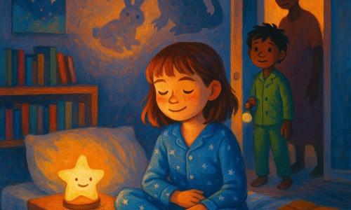 10-year-old girl centered, relaxed but focused face, shy smile, half-closed eyes, calm breathing; mid-length chestnut hair with bangs, faint freckles, blue pajama with small white stars, one hand on her stomach, seated on a bed with a cream duvet and mustard throw, legs folded, looking at a small star-shaped nightlight on the bedside table. The nightlight emits warm yellow-orange light with a soft halo that lights her face and casts shadows with purple and blue tones. Little brother (about 6) stands in the doorway with messy black hair, green pajamas, reassuring smile, holding a small flashlight in his left hand. Mother (about 35) stands behind the frame, soft silhouette, hair in a bun, simple dress, looking kindly at the girl. On the wall, sharp silhouettes of a bird, a lumpy dragon and a plump rabbit with slightly exaggerated outlines. The cozy, tidy room has a light wood shelf with colorful books, a starry-sky poster, geometric rug and a window showing a deep night sky; overall soft contrast between the warm nightlight and deep blue room, visible acrylic texture with thick brushstrokes and saturated colors.