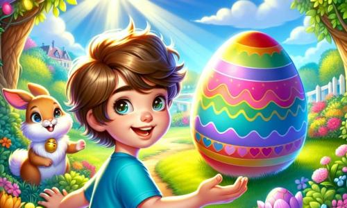 A 10-year-old boy with messy brown hair and sparkling curious eyes stands in the center of a sunny garden, a big smile on his face. He wears a bright blue t-shirt and denim shorts, reaching out towards a giant Easter egg, shining with rainbow colors. Next to him, a small golden-furred rabbit with a sparkling bell around its neck looks at him mischievously, ready to lead him on a magical adventure. The garden is filled with vibrant flowers, pink and yellow tulips, and hidden Easter eggs behind lush bushes. The sky is a bright blue, dotted with a few fluffy white clouds. The scene exudes a joyful and magical atmosphere as he discovers the mysterious egg under the old apple tree, ready to begin his Easter mission.