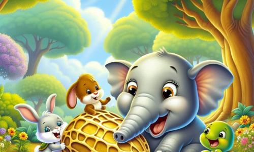 A joyful elephant named Ellie, with gray skin and sparkling eyes, stands at the center of the scene, her big smile revealing her happiness as she shares a huge golden peanut with her friends. To her right, Benny the little rabbit, with white fur and long ears, jumps with joy, his eyes shining with excitement as he reaches out for the peanut. On the left, Tina the turtle, with a green shell and a determined look, smiles as she slowly approaches the group, ready to taste the treat. The scene takes place in a sunny forest, with majestic trees and bright green leaves, and colorful flowers scattered on the ground. A sparkling stream flows nearby, adding a touch of freshness to the joyful atmosphere. Ellie, Benny, and Tina are gathered around the giant peanut, laughing and sharing this moment of happiness, illustrating friendship and the joy of sharing together.