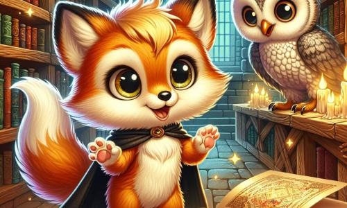 Una piccola volpe dal pelo dorato, con grandi occhi curiosi e orecchie a punta, si trova al centro di una vecchia libreria magica, con le zampe anteriori appoggiate su un libro antico aperto. Esprime meraviglia, gli occhi brillanti di eccitazione di fronte alla scoperta. Accanto a lui, un saggio gufo dalle piume grigie e occhiali rotondi, posato su uno scaffale, guarda la volpe con un sorriso benevolo, gli occhi scintillanti di saggezza. La libreria è piena di scaffali in legno carichi di libri colorati, luci scintillanti fluttuano nell'aria e rotoli di pergamena sono sparsi su un tavolo di legno usurato. La scena principale mostra la volpe che scopre un libro misterioso che rivela segreti di magia, mentre il gufo lo incoraggia a esplorare le meraviglie di questo mondo fantastico.