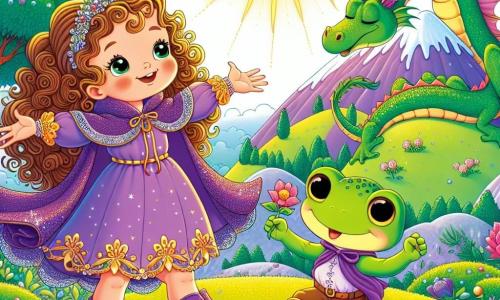 Een klein meisje van 4 jaar, genaamd Sofie, met prachtige krullende haren en een grote paarse cape, glimlacht vol verwondering. Ze staat bovenop een groene heuvel, met haar armen wijd open, klaar om de zon te verwelkomen die aan de horizon opkomt. Naast haar staat een jongetje van 5 jaar, Henri de kikker, met glanzende groene huid en grote ronde ogen, die vrolijk springt terwijl hij een klein bloemetje in zijn pootjes vasthoudt. Hij staat vlakbij Sofie en kijkt opgewonden naar de lucht. Op de achtergrond ligt een grote slapende draak met glinsterende schubben en uitgespreide vleugels vredig op een berg, terwijl kleurrijke bomen en bloemen dansen op de wind. De hoofdscène toont Sofie en Henri, beiden verwonderd, terwijl ze vol verwachting wachten tot de draak de zon wakker blaast en zo het magische landschap om hen heen verlicht.