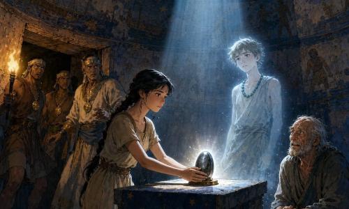 Main woman Nefra, a young girl with a determined yet gentle face, dark shining eyes, black braid and dusty beige linen dress, places a small dark oval cartouche on a stone altar with delicate hands, calm courage visible; secondary characters: Bek, an about 70-year-old wrinkled man in ash-colored worn clothes, sits near the tomb entrance with relieved, wet eyes and hands on his knees; a spectral boy of about 14 with slightly luminous skin and blue beads at his neck, grateful, floats at the edge of the moonbeam; a priest and two adult guards with severe faces, golden amulets and linen headbands hold torches in the dome entrance shadow, surprised and recoiling; setting: a domed funerary chamber carved from stone with cold flagstone floor, faded painted panels of boats and workers and a circular ceiling opening casting a silver moonbeam on the starry altar, hieratic hieroglyphs carved around; main moment: a dramatic, peaceful instant as the cartouche glows with a soft silvery light, tension between moonlight and torches with sharp blue‑gold shadow contrasts, an atmosphere of revelation and restored justice.