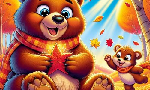 Bramble, a brown bear with sparkling eyes and soft fur, is sitting on a carpet of golden leaves, a big smile on his face. He holds a star-shaped red leaf in his paws, marveling at its beauty. Next to him, his little sister Tilly, a cream-furred cub with pointy ears, jumps for joy, her eyes shining with curiosity. She wears an orange scarf that flutters in the wind. The setting is a vibrant autumn forest, with majestic trees displaying fiery leaves ranging from bright red to brilliant orange. The ground is covered with a thick carpet of crunchy leaves, and the sky is a clear blue dotted with fluffy white clouds. The scene depicts Bramble and Tilly exploring the magic of autumn, surrounded by bright colors and a joyful atmosphere, as sunlight filters through the branches, illuminating their adventure.