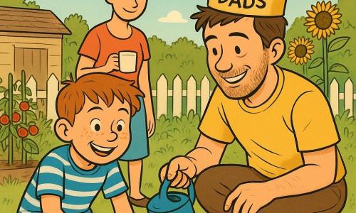 A cheerful 10-year-old boy with a round freckled face and short tousled light-brown hair kneels in the soil, placing a small seed with a dirt-dusted hand; a smiling 35–45-year-old man (father) with stubble and messy brown hair wears a paper crown reading King of Dads and crouches beside him holding a small blue watering can at the edge of the hole; a smiling 30–40-year-old woman (mother) with her hair in a bun stands near the garden door holding a cup of coffee and watching fondly; the sunny backyard garden has a white wooden fence, rows of red tomatoes and bean supports, tall sunflowers, a small dusty wooden shed, a dewy lawn and tools on a wooden table, and the scene conveys a tender, joyful, warm-toned moment with clear lines and hopeful intimacy.
