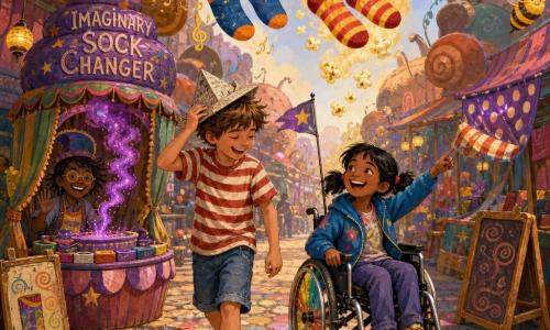 Two children, about nine: a tousled light-brown-haired boy in a red-and-white striped tee, denim shorts and worn shoes holding a paper hat on his head and laughing while looking down to his right, slightly forward; and a black-haired girl in pigtails wearing a bright blue jacket in a shiny wheelchair with a small flag, smiling broadly and pointing left with her hand at a floating lantern. They stand in a narrow alley turned magical market with curved stalls, bee-shaped floating lanterns, colorful striped and dotted fabrics and leaning wooden signs, bathed in warm late-afternoon light. In front of them is a small cupcake-shaped booth labeled IMAGINARY SOCK CHANGER with violet glitter smoke, imaginary socks hanging on a line above: one pair produces piano-note sounds represented by tiny golden treble clefs with each step, the other emits a light popcorn-scented mist shown as yellowish clouds and drawn kernels, creating a whimsical, absurd, highly saturated scene.