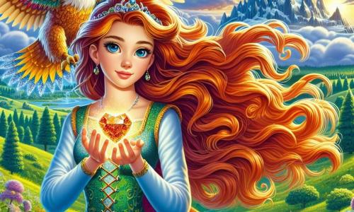 Princess Elara, a 16-year-old girl, stands proudly atop a green hill, her long auburn hair flowing in the wind like waves of fire. Her bright, determined eyes reflect the light of the setting sun as she holds the sparkling Heartstone in her hands, a radiant smile illuminating her face. Beside her, Zephyr, a majestic falcon with golden feathers, circles above, wings spread, ready to guide her on her adventure. In the background, the Mountain Dragon, a large creature with multicolored scales, observes wisely, its piercing eyes shining with a friendly glow. The enchanting landscape features lush hills dotted with vibrant flowers, a clear blue sky with fluffy clouds, and the Misty Mountains rising majestically on the horizon. The main scene shows Elara, full of courage, raising the Heartstone to the sky, ready to break the spell on her kingdom, as shimmering magic begins to emanate from the stone, illuminating everything around her.