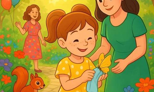 A joyful, focused 6-year-old named Lily with a round freckled face and light brown pigtails, wearing a yellow polka-dot dress and red boots, holds a small golden butterfly with slightly damaged wings on her palm; her smiling, attentive mother (about 30–35) with loose brown hair in a green dress stands behind ready to help; a small red squirrel perches on a nearby root watching; a festival organizer (woman, ~40) in a colorful floral outfit stands a few steps away calling an animal caretaker; the scene is in a bright festival garden with paved paths, vivid flower beds, floating balloons and garlands, and golden sunlight through the foliage — Lily gently tends the butterfly with a light scarf in an intimate, tender moment filled with gentleness, hope, and wonder.