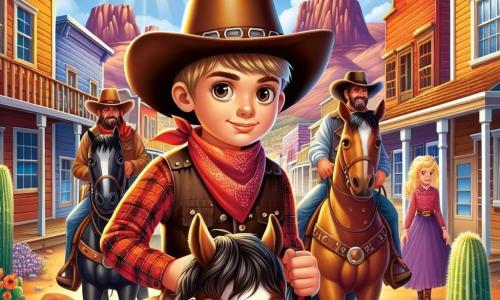 Im Zentrum des Bildes steht ein junger Cowboy namens Timmy, ein etwa 10-jähriger Junge, der einen großen Cowboyhut und ein rotes kariertes Hemd trägt. Sein Gesicht strahlt ein breites Lächeln aus, das seine Entschlossenheit und seinen Mut zeigt. Er hält die Zügel seines braunen Pferdes Blitz, das eine wellige Mähne und lebhafte Augen hat, fest in der Hand. Neben ihm ermutigt ihn ein anderer Cowboy, ein Mann in den Dreißigern mit einem braunen Bart und einem roten Bandana um den Hals, mit einem stolzen Blick. Er trägt eine Lederweste und ist bereit, die Stadt zu verteidigen. Im Hintergrund beobachtet ein etwa 8-jähriges Mädchen mit geflochtenem blonden Haar die Szene mit weit aufgerissenen Augen, voller Bewunderung für Timmy. Die Szene spielt in einer kleinen Stadt im Wilden Westen, mit bunten Holzbauten, verstreuten Kakteen und einem strahlend blauen Himmel. In der Ferne sind majestätische Berge unter einer strahlenden Sonne zu sehen. Die Hauptsituation zeigt Timmy und seine Cowboyfreunde, die sich mutig einer Gruppe von Banditen entgegenstellen, die auf Pferden nähern, bereit, ihre Stadt zu verteidigen. Der entschlossene Gesichtsausdruck von Timmy steht im Kontrast zur bedrohlichen Miene der Banditen und schafft eine Atmosphäre von Spannung und Abenteuer.