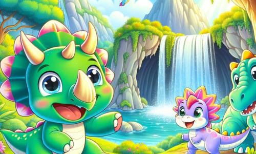 Un tricératops di nome Tito, con una pelle verde brillante e tre corna maestose sulla fronte, si trova felicemente accanto a una cascata scintillante. I suoi grandi occhi brillano di eccitazione e il suo sorriso mostra la determinazione a vivere nuove avventure. Accanto a lui, Didi, un parasaurolofo dai colori pastello con una cresta colorata, salta di gioia, ridendo e condividendo l'entusiasmo di Tito, mentre il saggio Saggio, uno stegosauro con placche dorsali rosa, li osserva sorridendo, seduto vicino alla grotta. Il paesaggio è una valle nascosta, circondata da maestose montagne, con alberi dalle foglie vibranti e fiori multicolori sparsi sul terreno. La luce del sole filtra attraverso i rami, creando riflessi scintillanti sull'acqua della cascata. La scena mostra Tito e i suoi amici pronti ad entrare nella misteriosa grotta, impazienti di scoprire i segreti dell'alleato leggendario, simboleggiando amicizia e avventura.